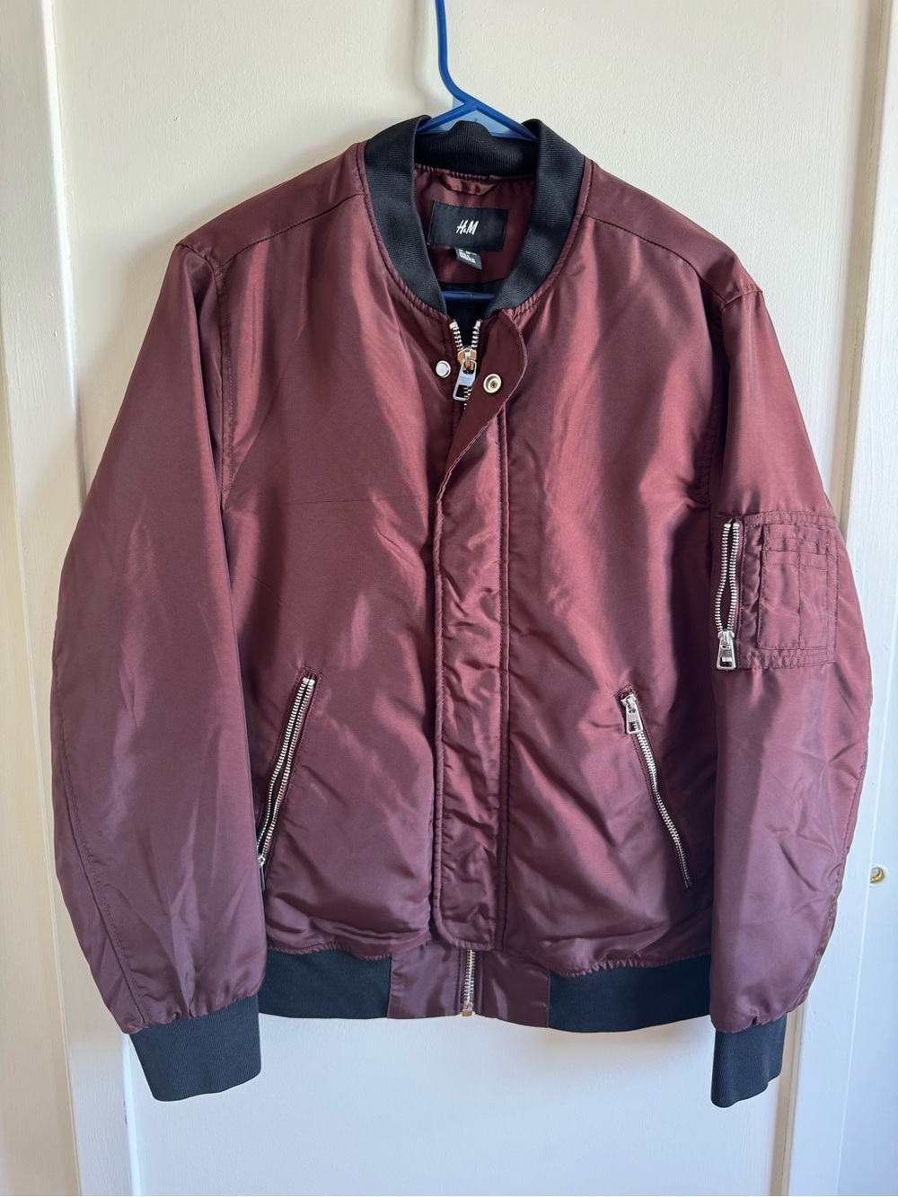 H&M Men's Maroon Bomber Jacket with Black Trim